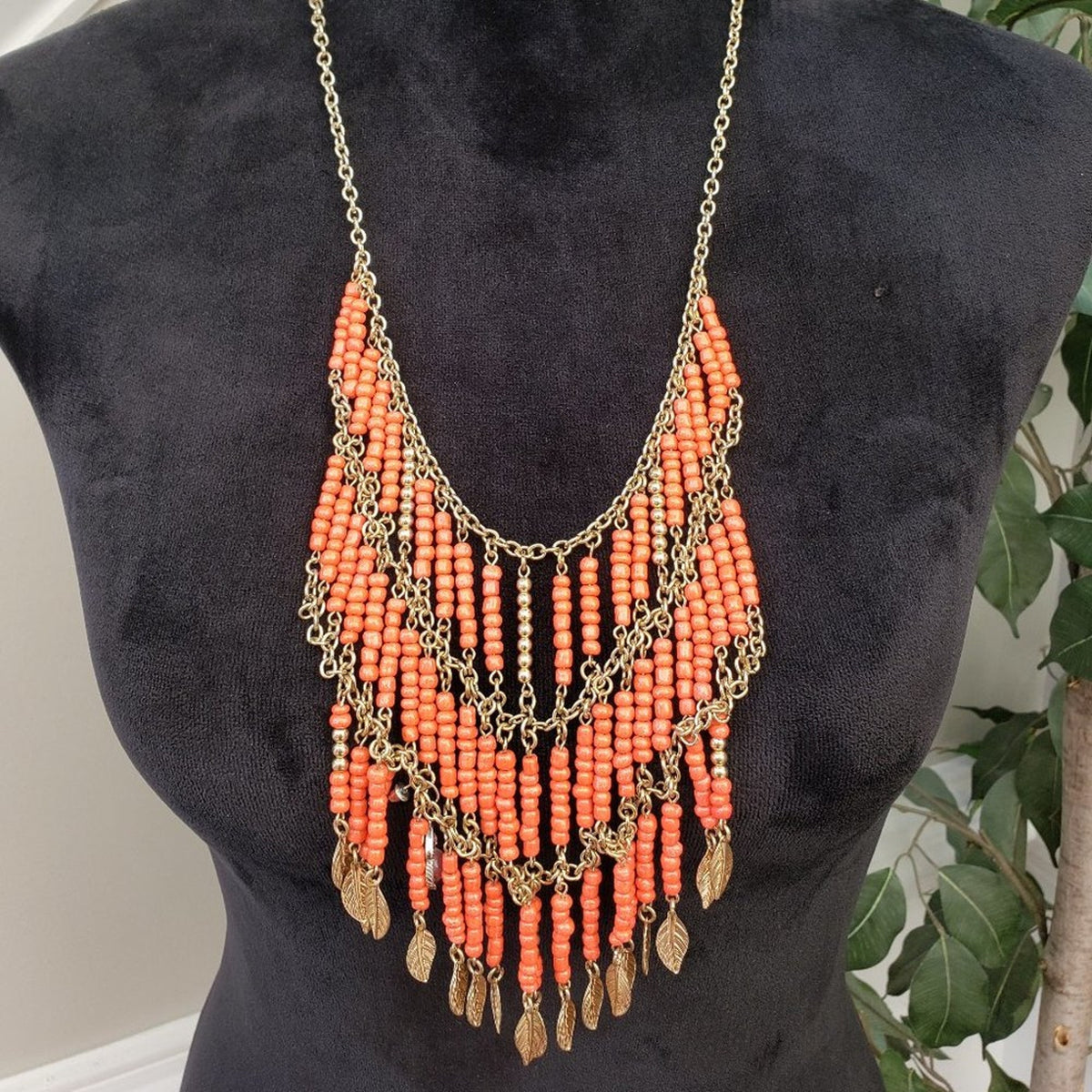 Womens Orange Tribal Beads Gold Tone Link Chain Statement Necklace Lobster Clasp