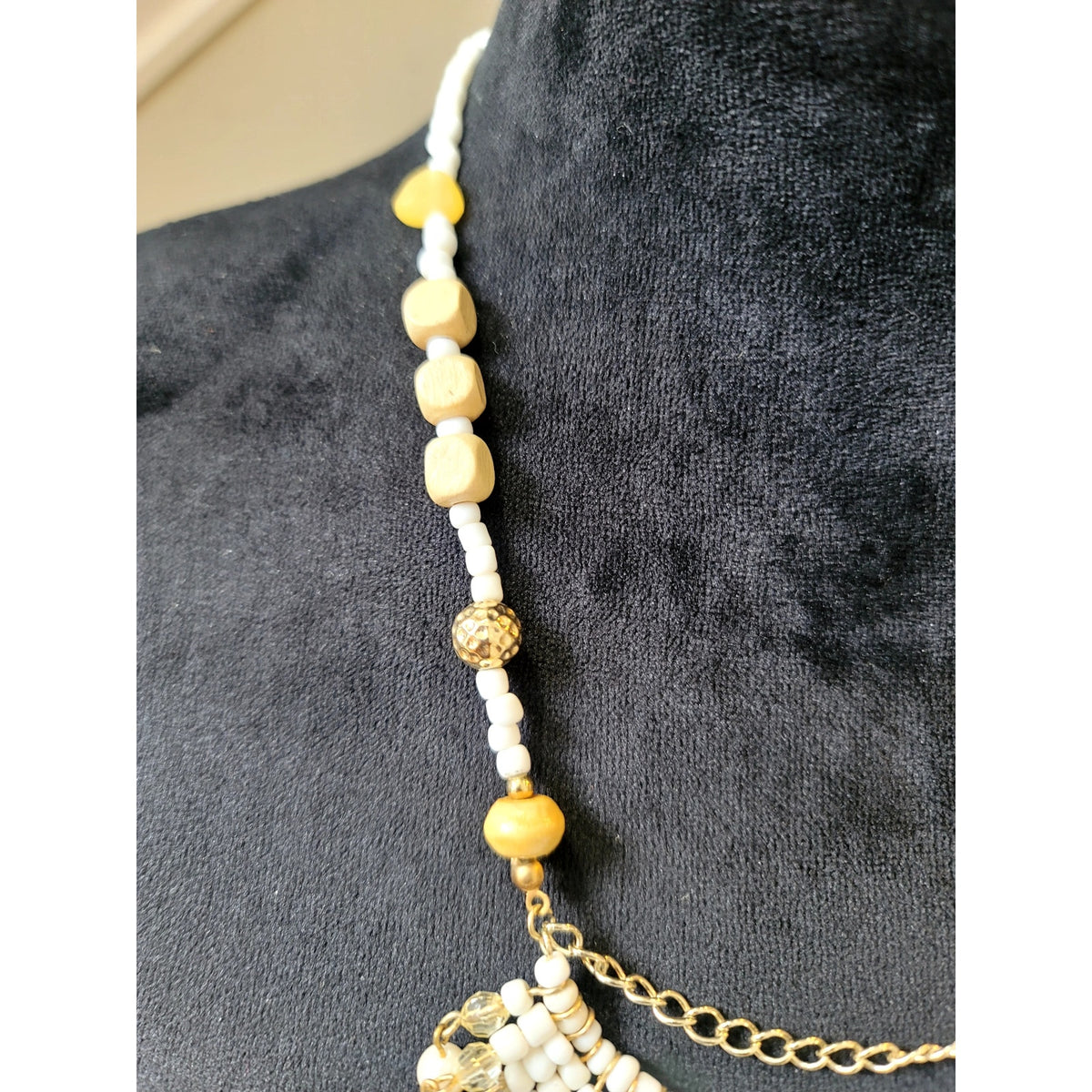 White Gold Beaded Fringe Bib Statement Necklace Boho