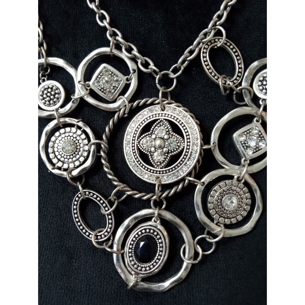 Vintage Silver Tone Medallion Bib Statement Necklace Multi Chain Boho Tribal