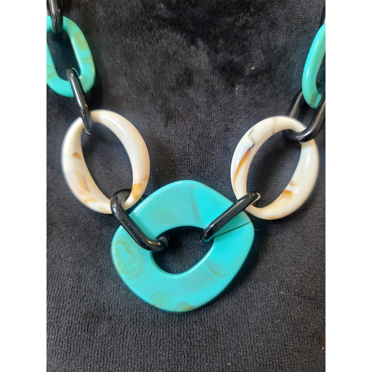 Chunky Resin Link Necklace & Earrings Set Turquoise Black White Statement Boho