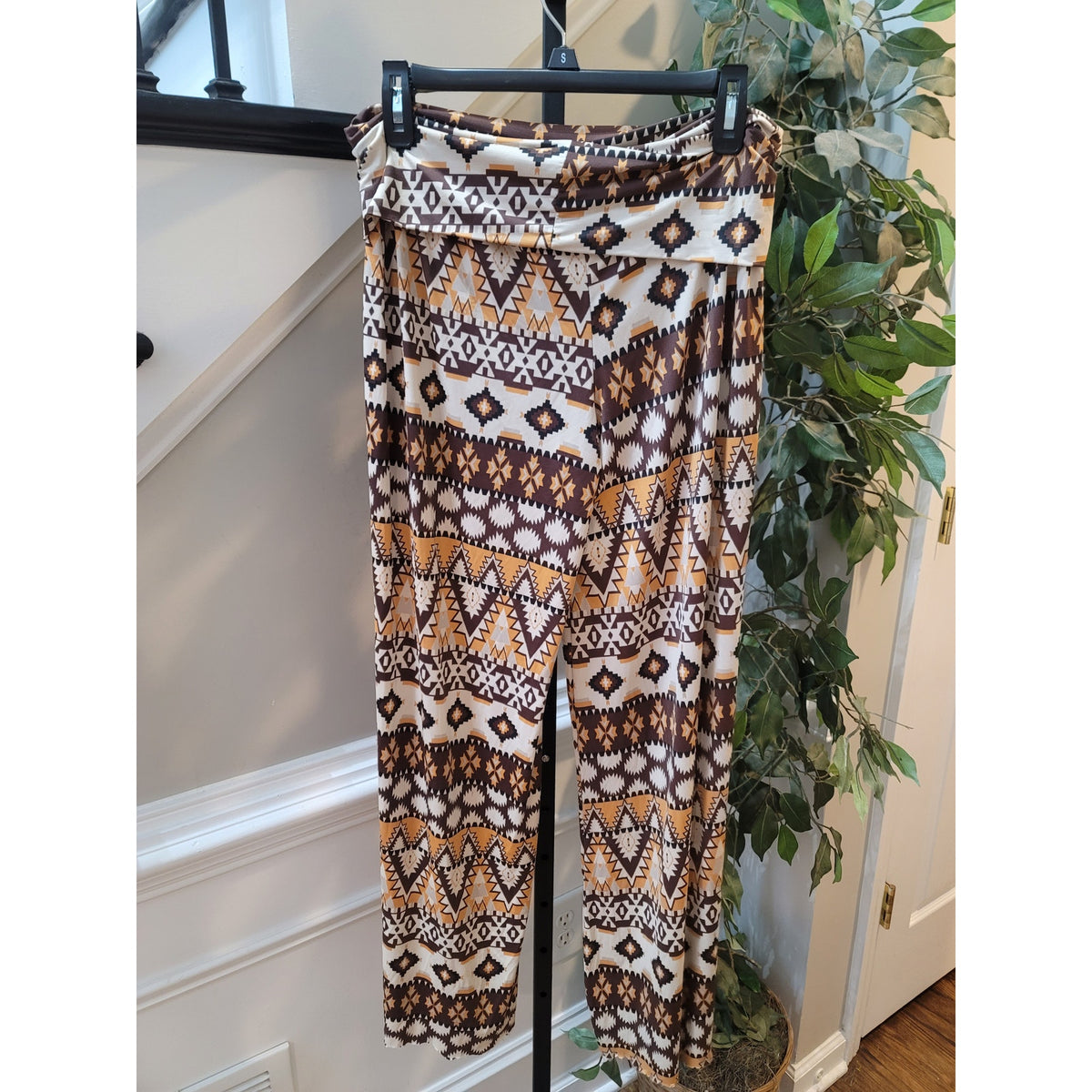 Los Angeles Apparel Palazzo Pants Women's SZ L Brown Aztec Tribal Print Wide Leg