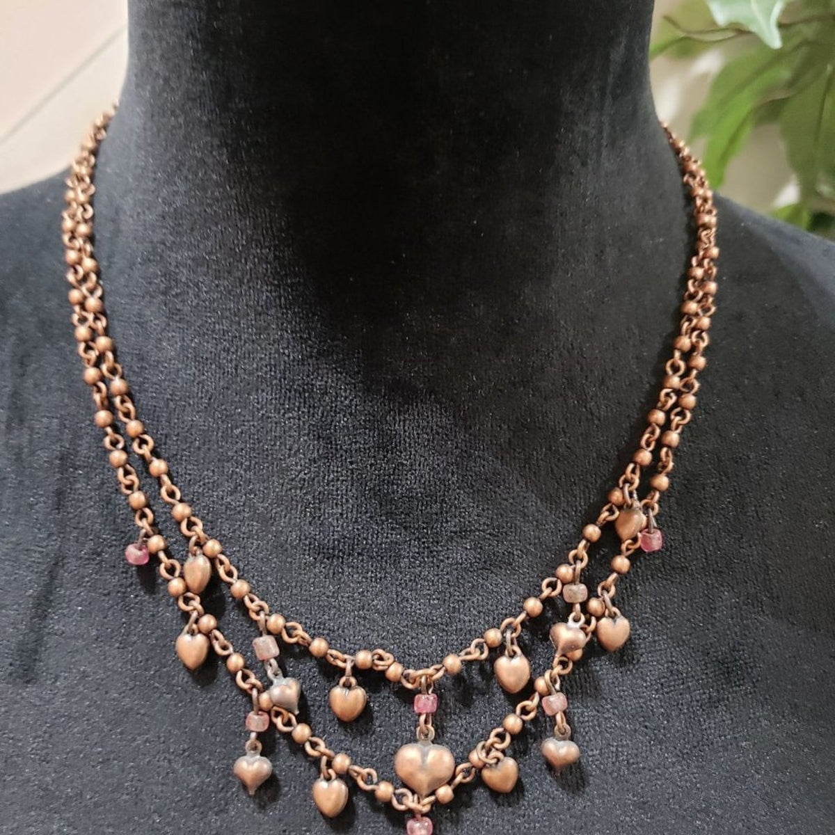 Womens Copper Tone Heart Charm Double Strand Collar Necklace with Lobster Clasp