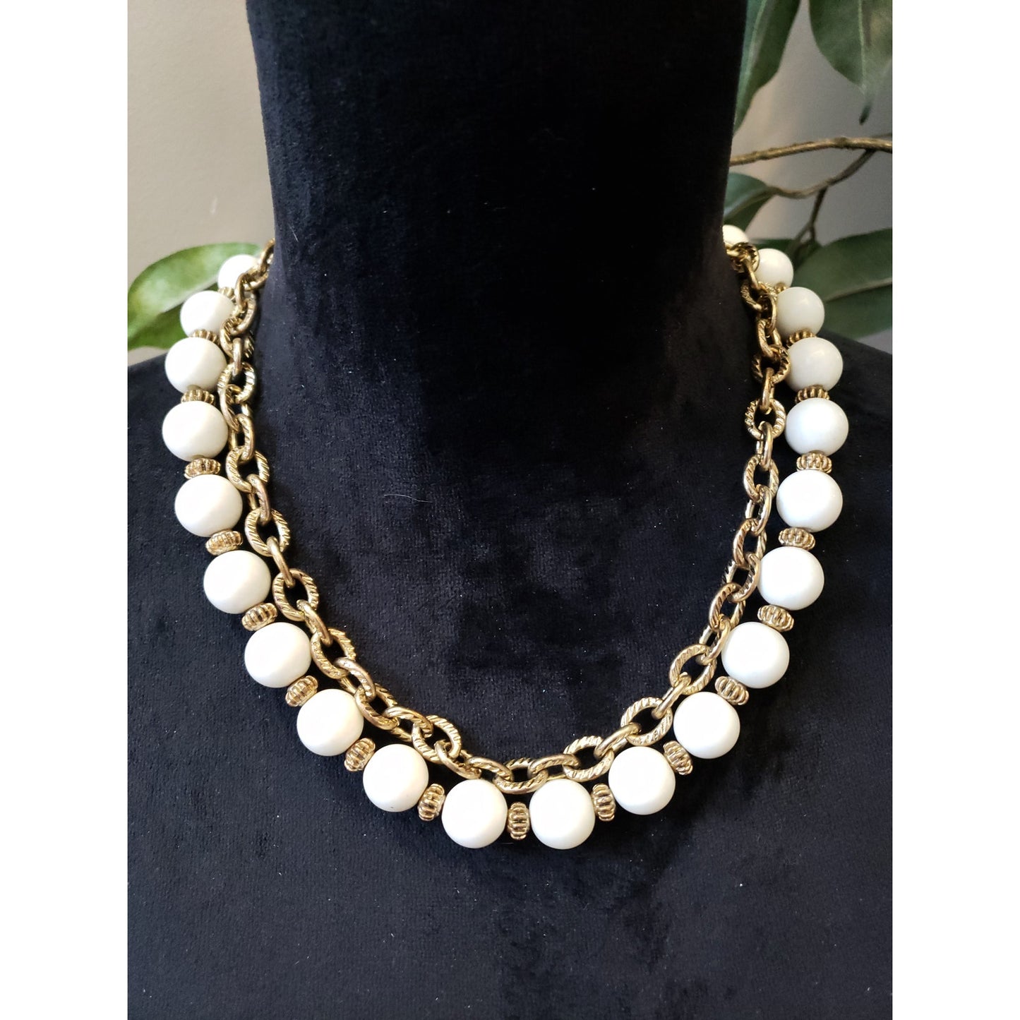 Women Elegant 2 Strand Gold Tone White Ball Beaded Ornate Spacers Chain Necklace