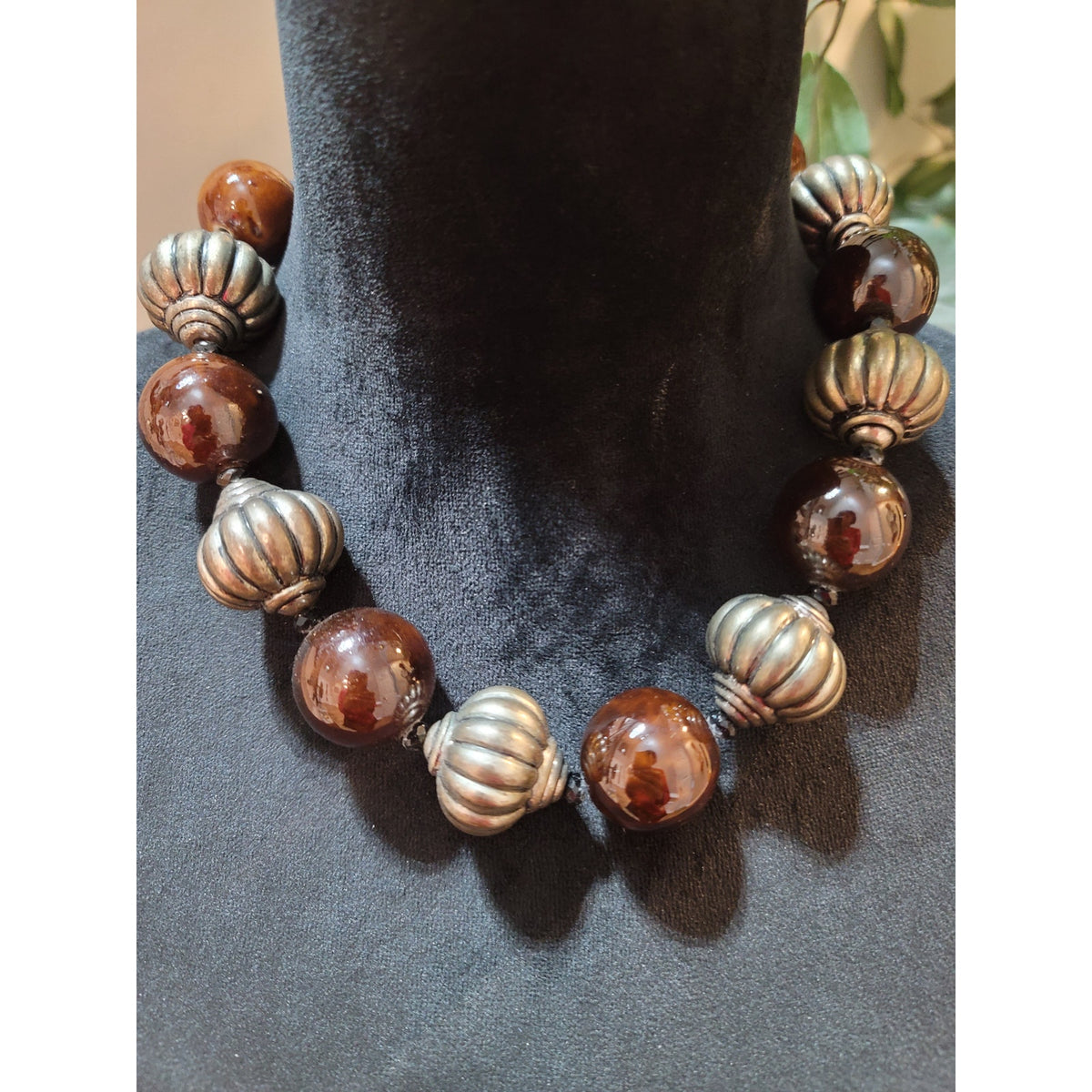 Women's Chunky Brown Beaded Necklace With Antique Silver Accents And Chain Lock