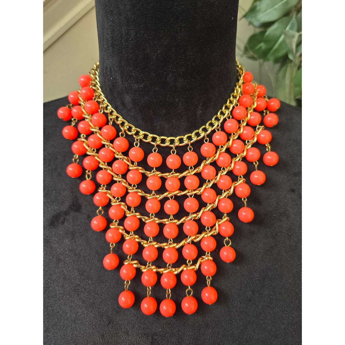 Orange Gold Multi Strand Beaded Statement Necklace