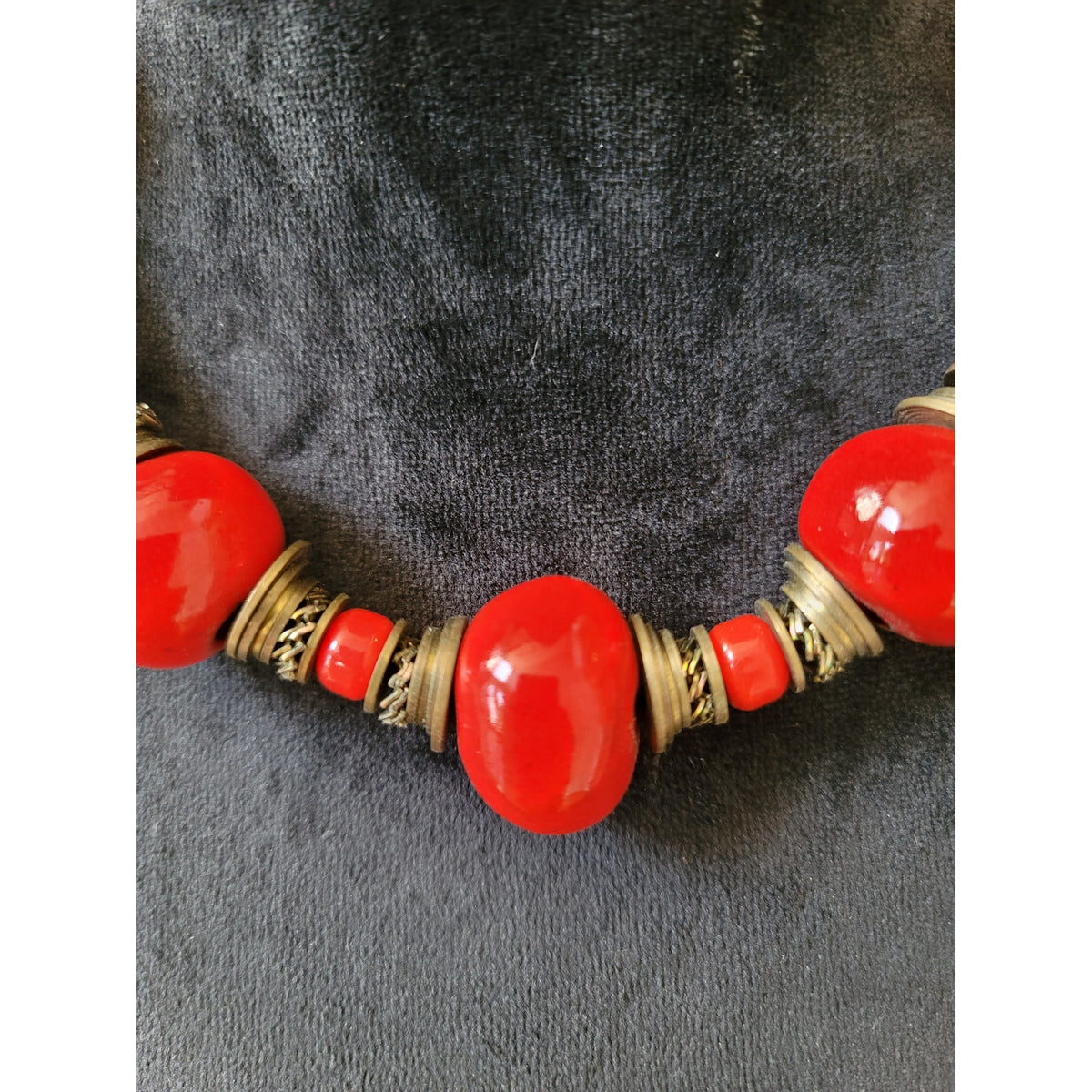 Women's Chunky Red Beaded Statement Necklace With Antique Brass Hook Lock Design