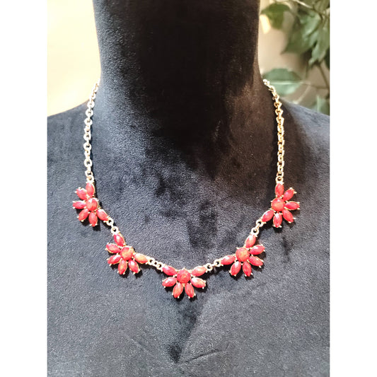 Women's Red Flower Statement Necklace Gold Chain Lobster Clasp Costume Jewelry