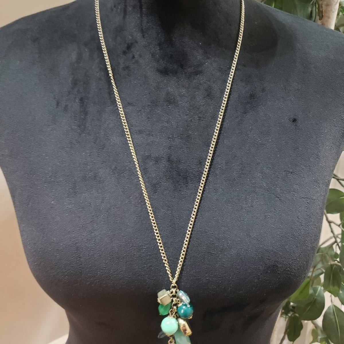 Women Gold Tone Chain Multicolor Dangle Rhinestones Leaf Tassel Charm Necklace