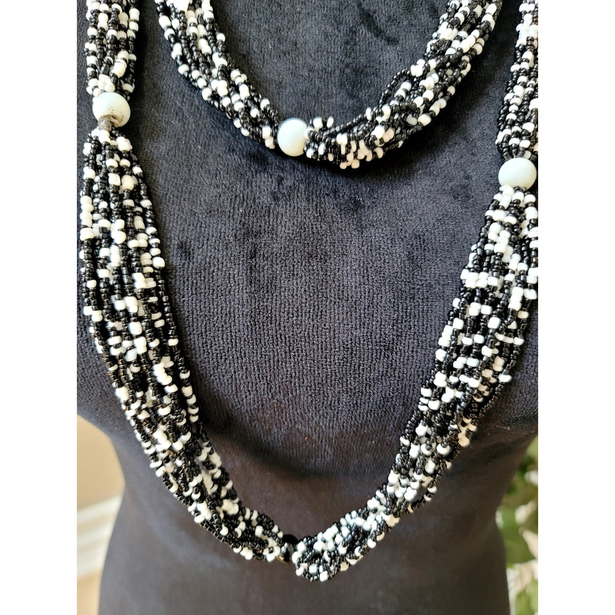 Black & White Seed Bead Multi-Strand Long Necklace Layered Statement Jewelry