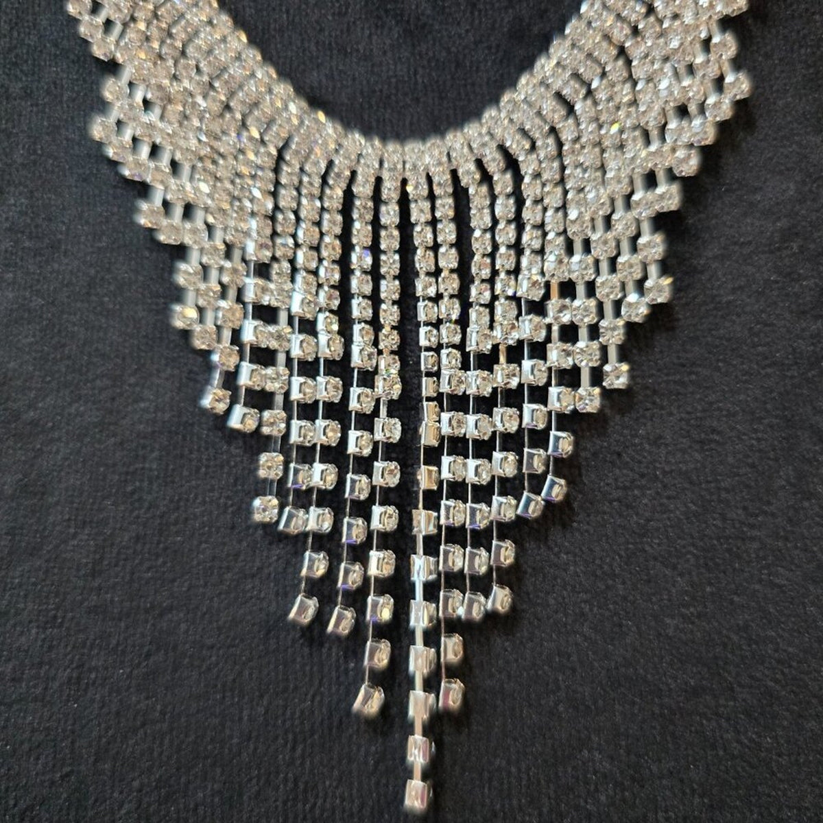 Women's Bling Silver Base Inlaid Rhinestone Drop Tassel Bib Statement Necklace