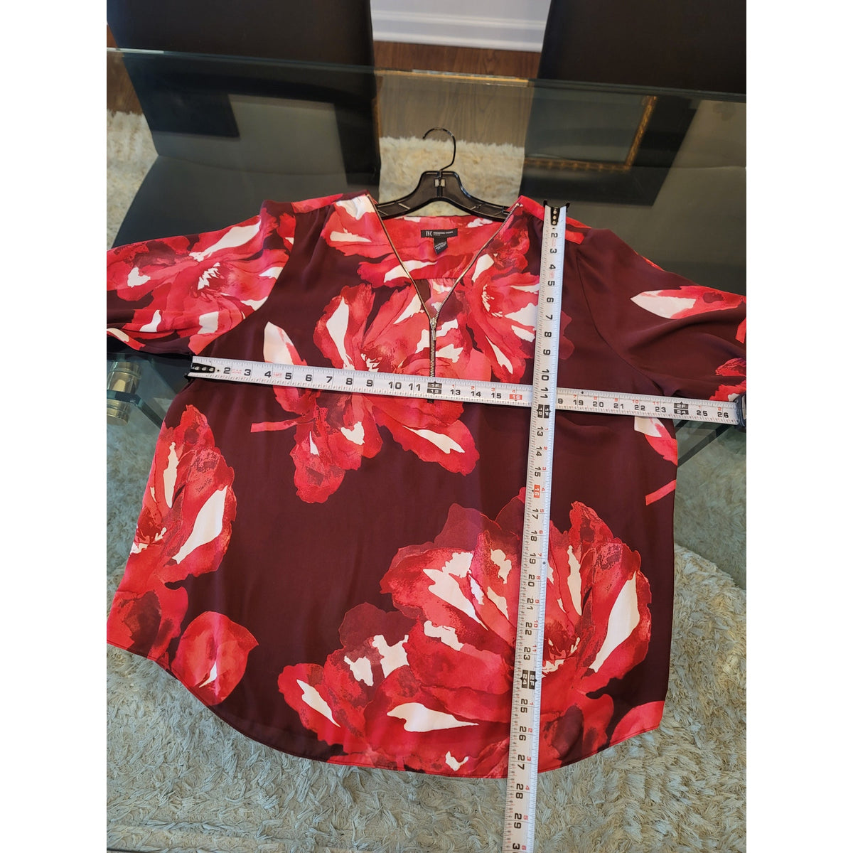 INC International Concepts Top Women's 18 Burgundy Floral V-Neck Zip Up Pullover
