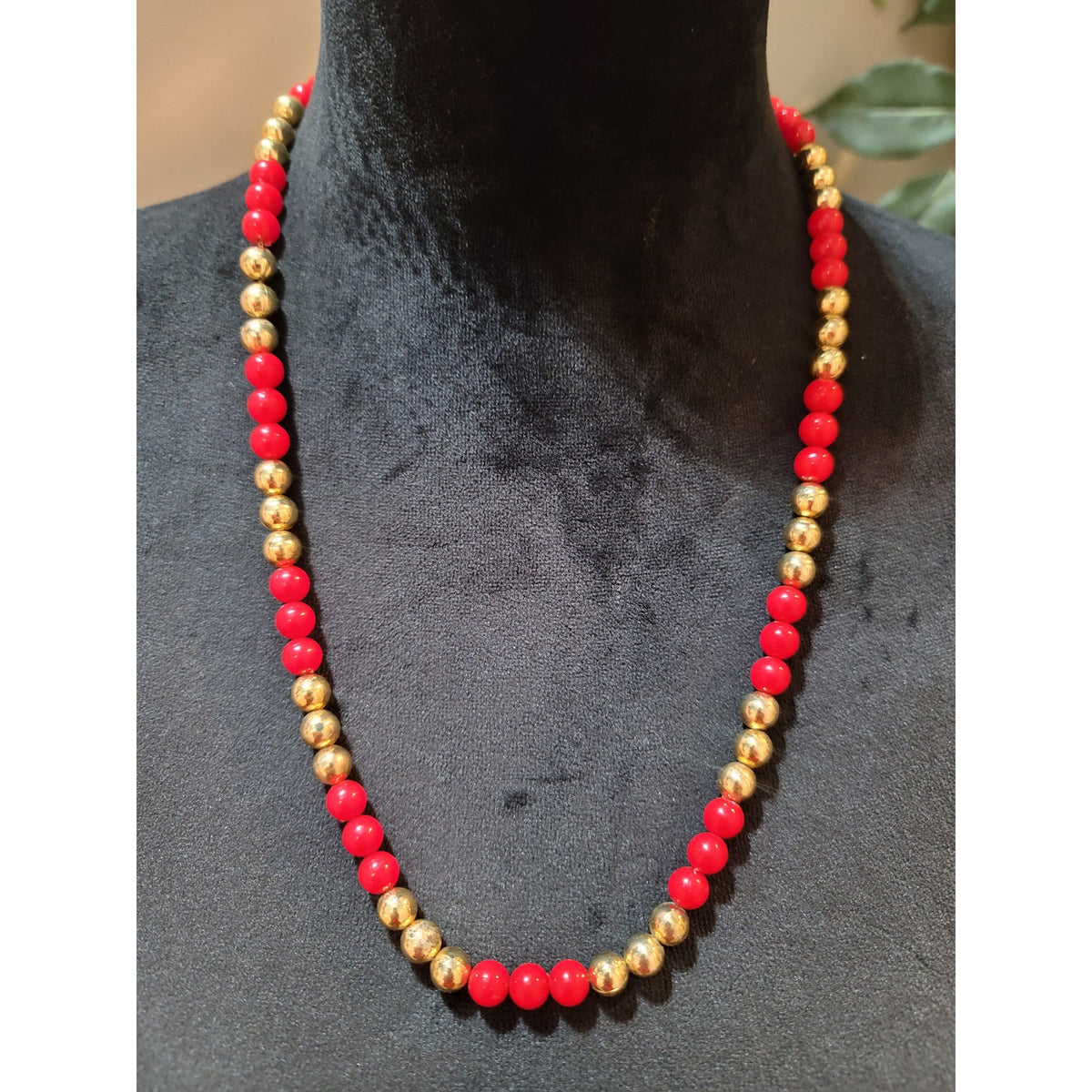 Women's Red Beaded Necklace With Gold Tone Beads And Spring Ring Lock Jewelry