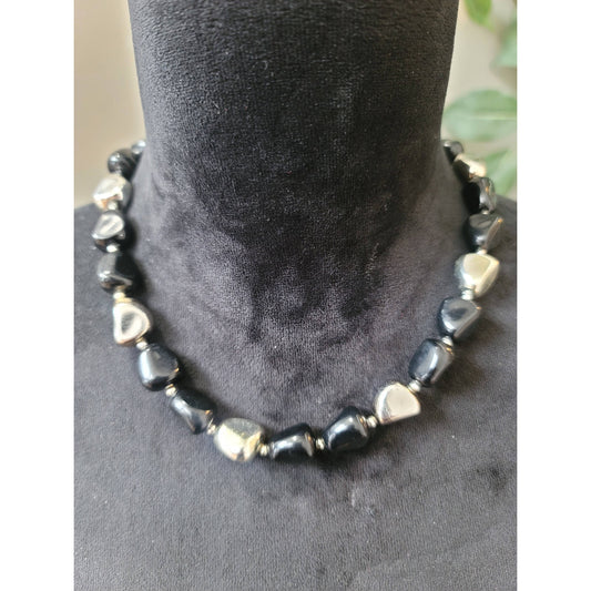 Women’s Chunky Black Silver Beaded Necklace Heart Lobster Clasp Statement