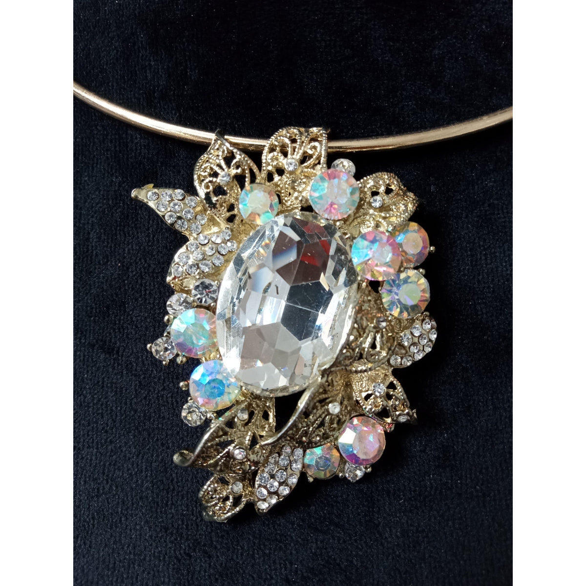 Vintage Rhinestone Statement Choker Necklace AB Crystal Gold Tone Pendant