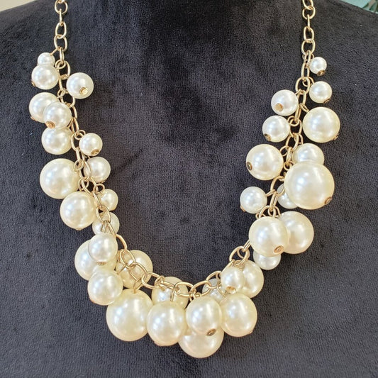 Womens Chunky White Faux Pearl Cluster Bib Necklace Jewelry with Lobster Clasp