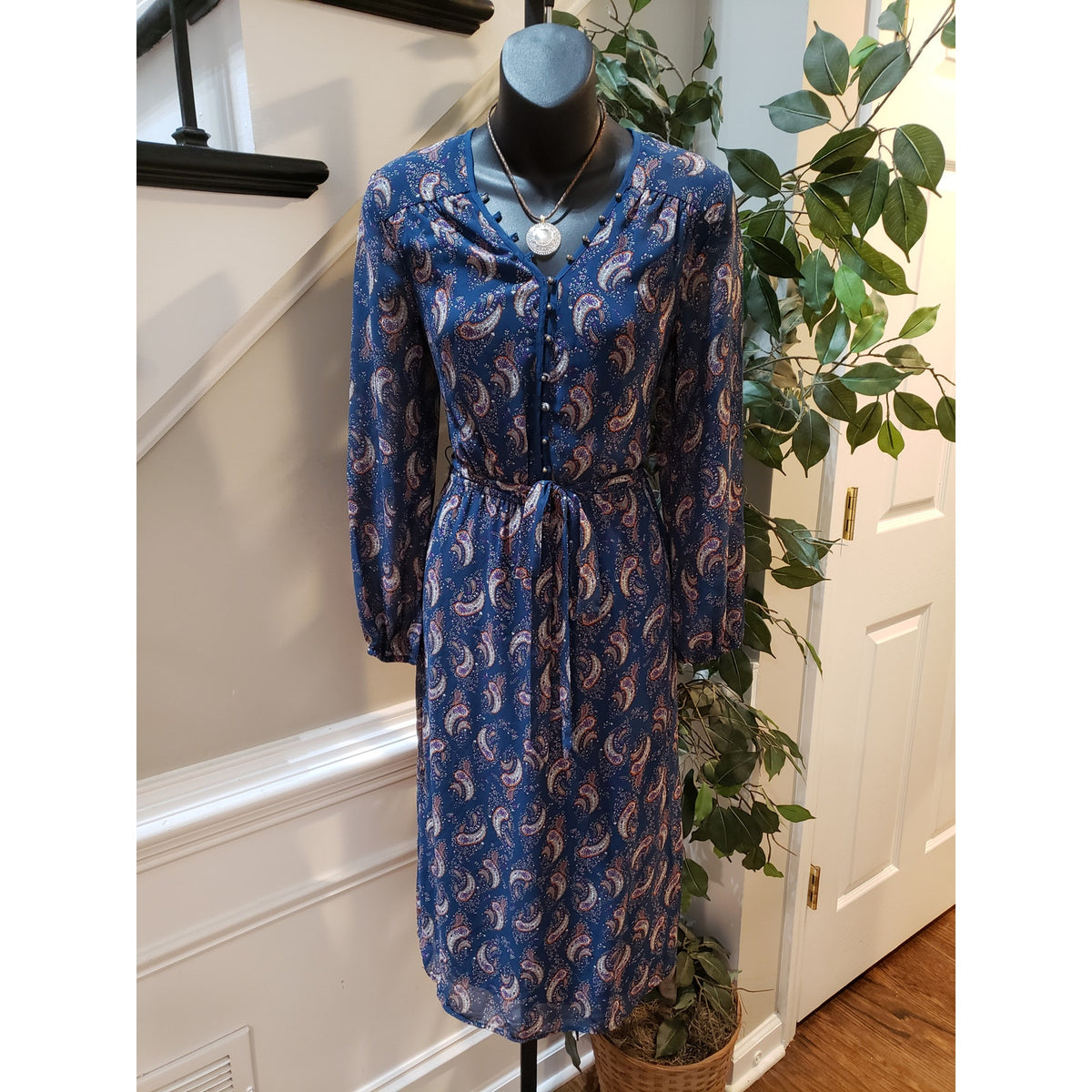 DR2 A Line Dress Women Navy Paisley Tie Waist Long Sleeve V Neck Button Front XS