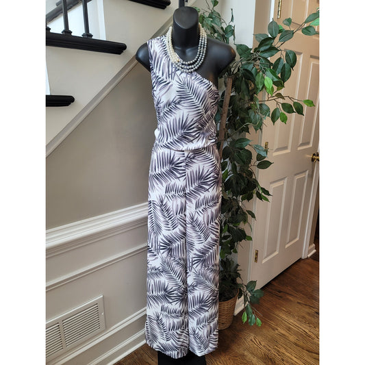 Sam Edelman One Shoulder Romper Women Size 4 White Black Leaf Print Elegant