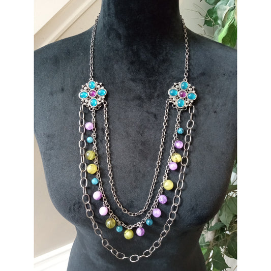 Multicolor Beaded Chain Statement Necklace Floral Rhinestone Layered Necklace