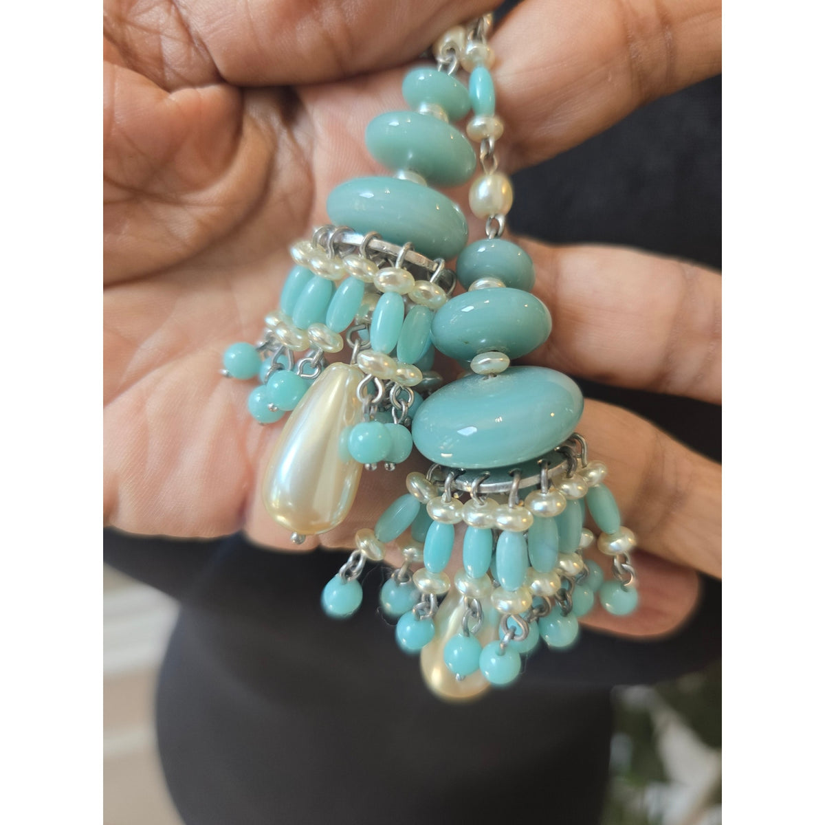 Liz Claiborne Turquoise Blue Beaded Long Lariat Tassel Drop Necklace