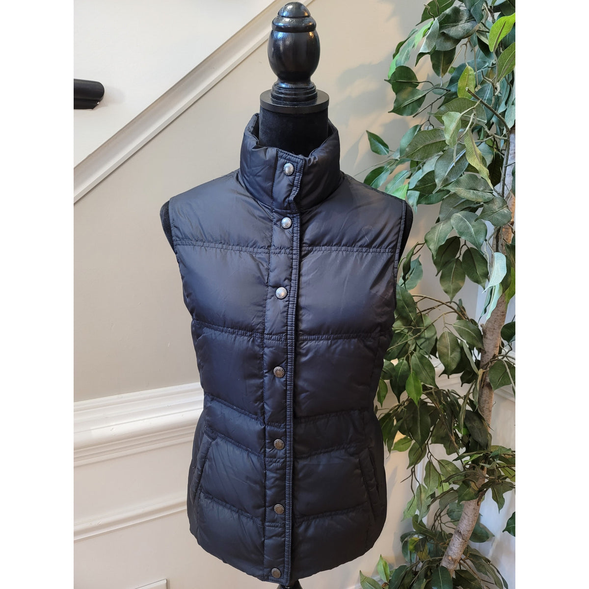 Lands' End Puffer Vest Women's Small Black Button Up Front Mock Neck Sleeveless