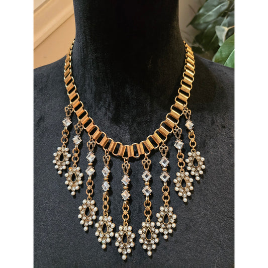Women's Gold Tone Statement Necklace Clear Rhinestone Faux Pearl Dangle Chain