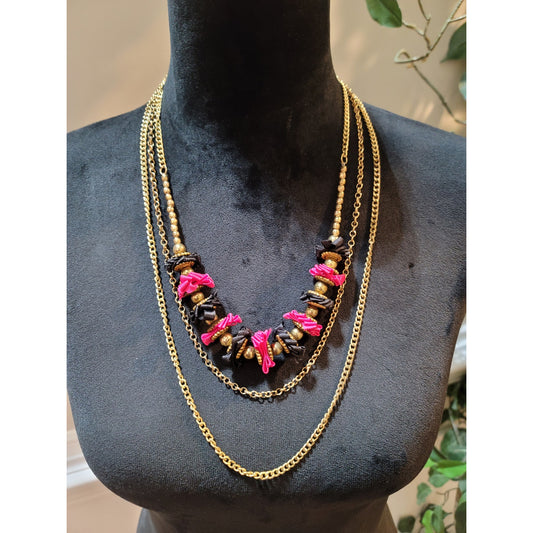 Women's Colorful Layered Necklace with Pink Ribbon and Gold Beads Bold Style