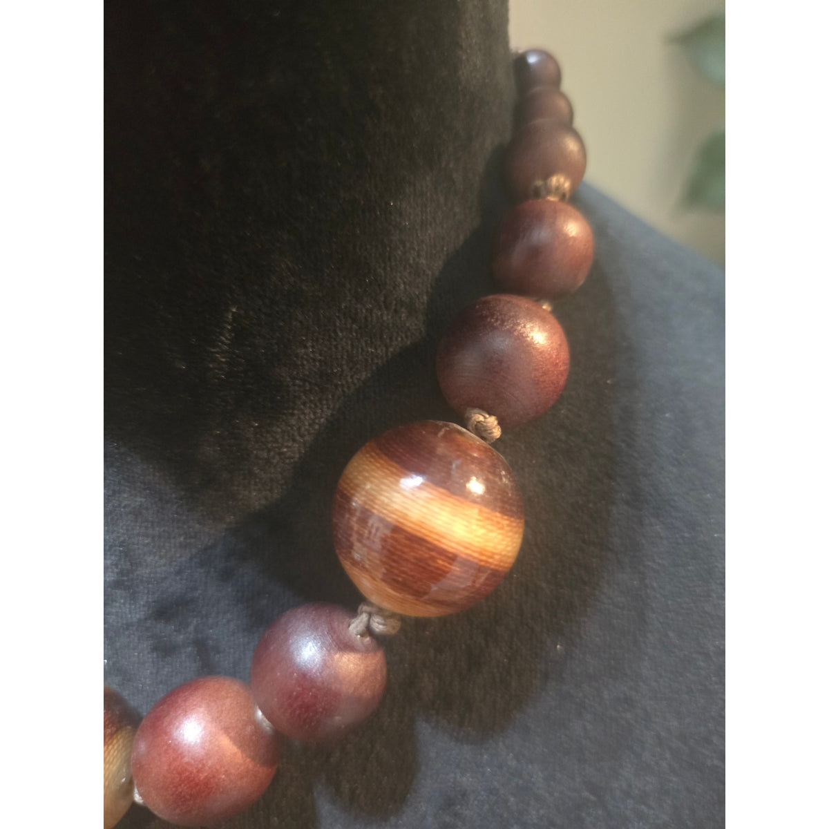 Women's Handcrafted Wooden Bead Necklace With Floral Button Loop Lock