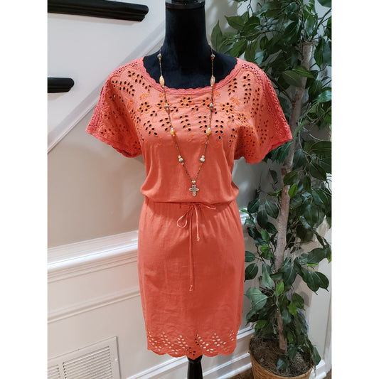 Madewell Women's Orange Drawstring Waist Eyelet Round Neck Fit & Flare Dress 4