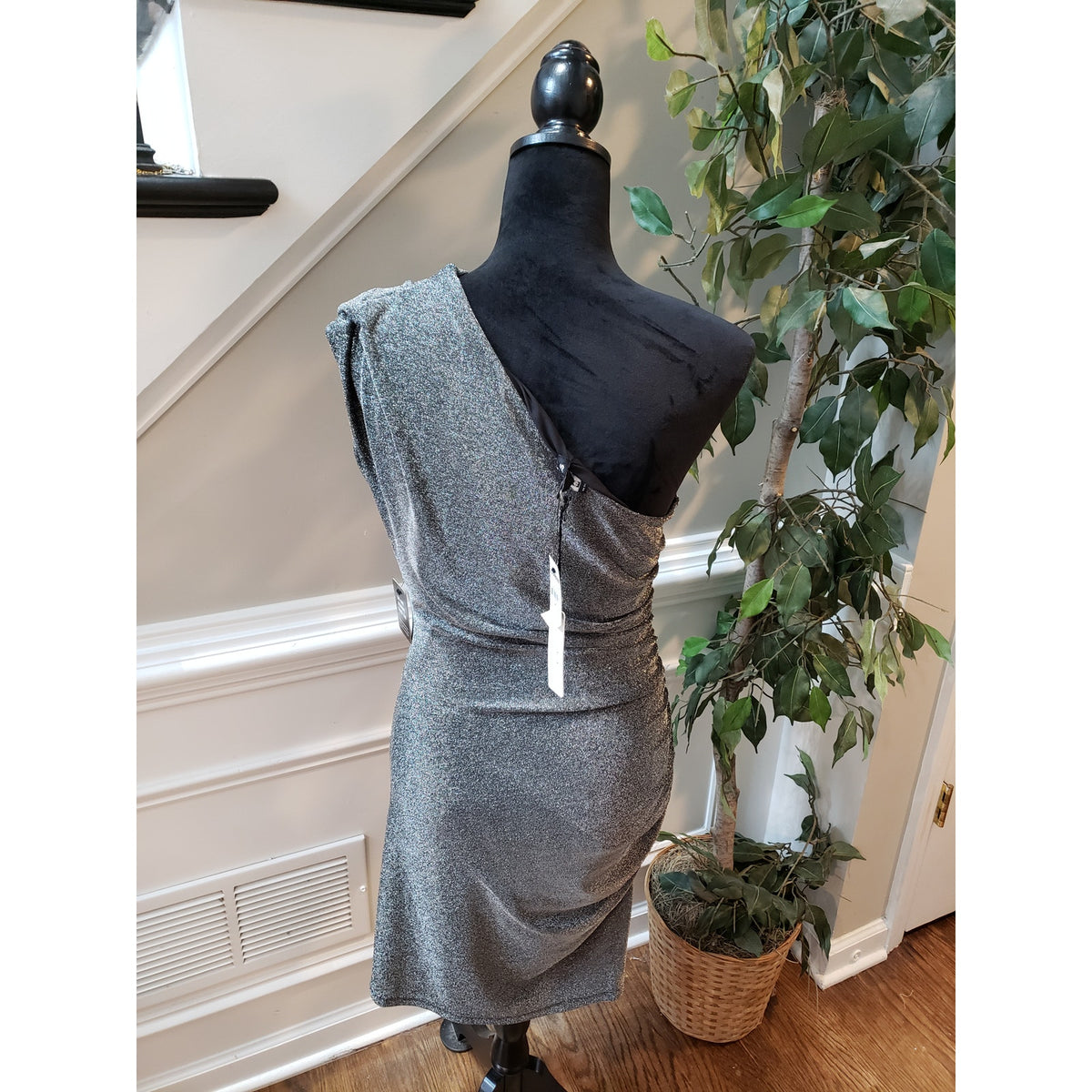 Express Dress Women M Silver Metallic One Shoulder Ruched Bodycon Party NWT