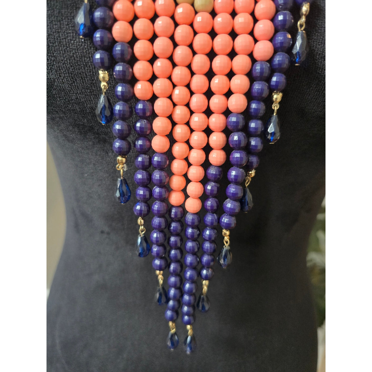 Peach Navy Beaded Waterfall Statement Necklace