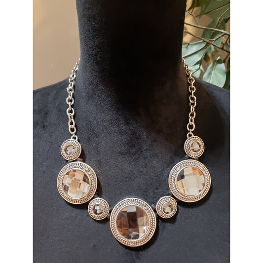 Women Fashion Silver Plated Encrusted Faceted Crystal Sparkle Statement Necklace