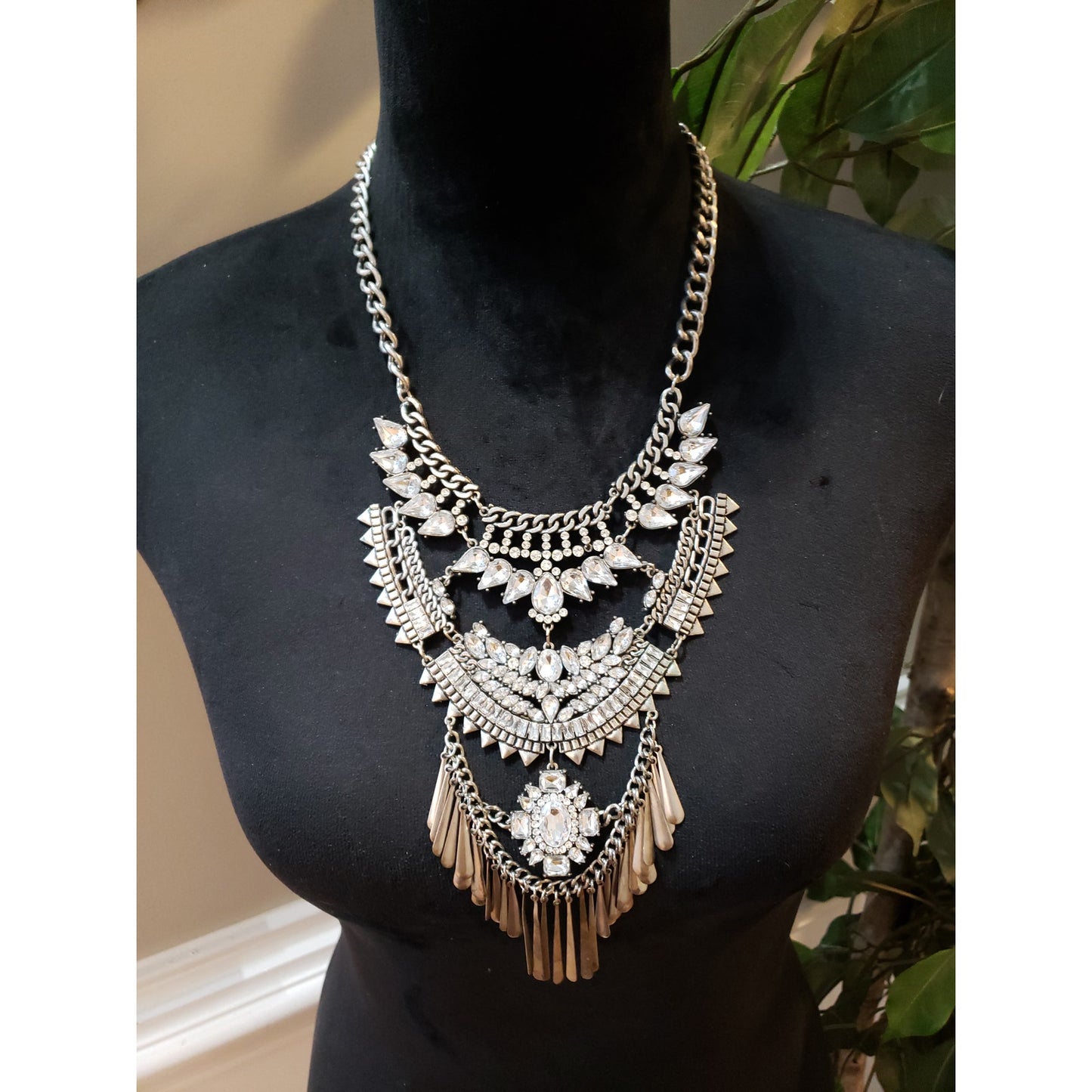 Women Silver Clear Crystal Rhinestone Layered Statement Bib Necklace Jewelry