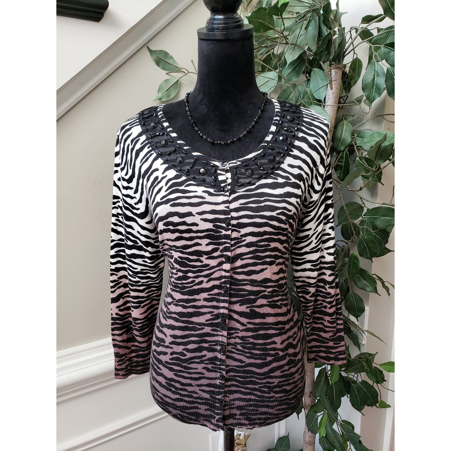 Carolyn Taylor Sweater Womens M Black White Zebra Print Lace Trim Rhinestone