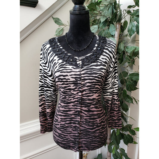 Carolyn Taylor Sweater Womens M Black White Zebra Print Lace Trim Rhinestone