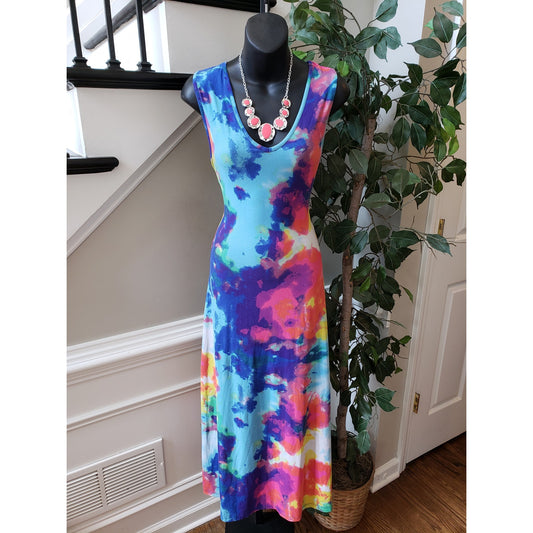 Love University Long Maxi Dress Womens M Multi Tie Dye Stretch Sleeveless V Neck