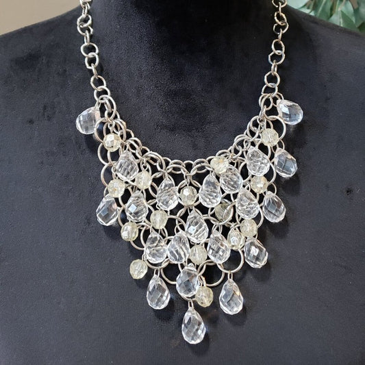 Womens Fashion Silver Tone Faceted Tear Drop Beads Bib Necklace w/ Lobster Clasp