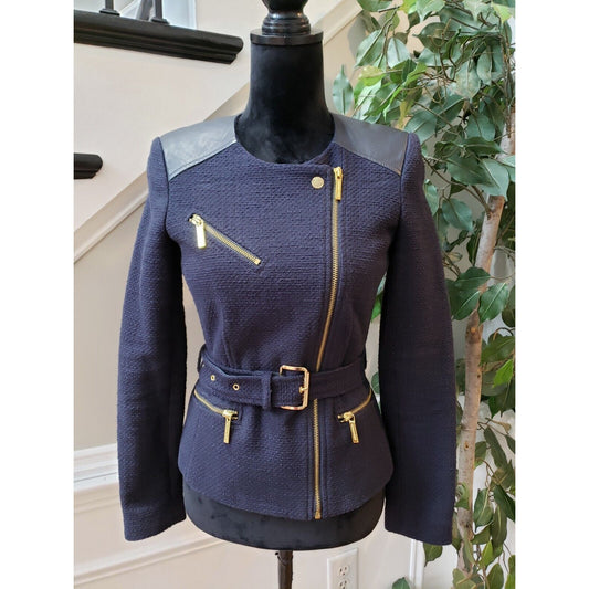 Michael Kors Womens Navy Lined Asymmetrical Gold Zipper Belted Jacket Size 2