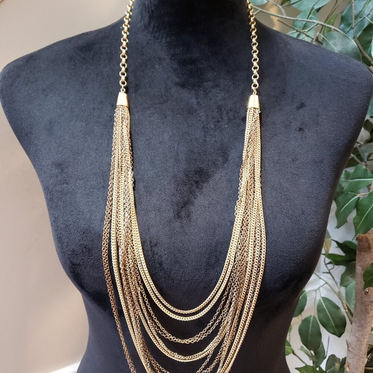 Women's Gold Tone Multi Strand Sweater Chains Bib Necklace Jewelry with Lobster