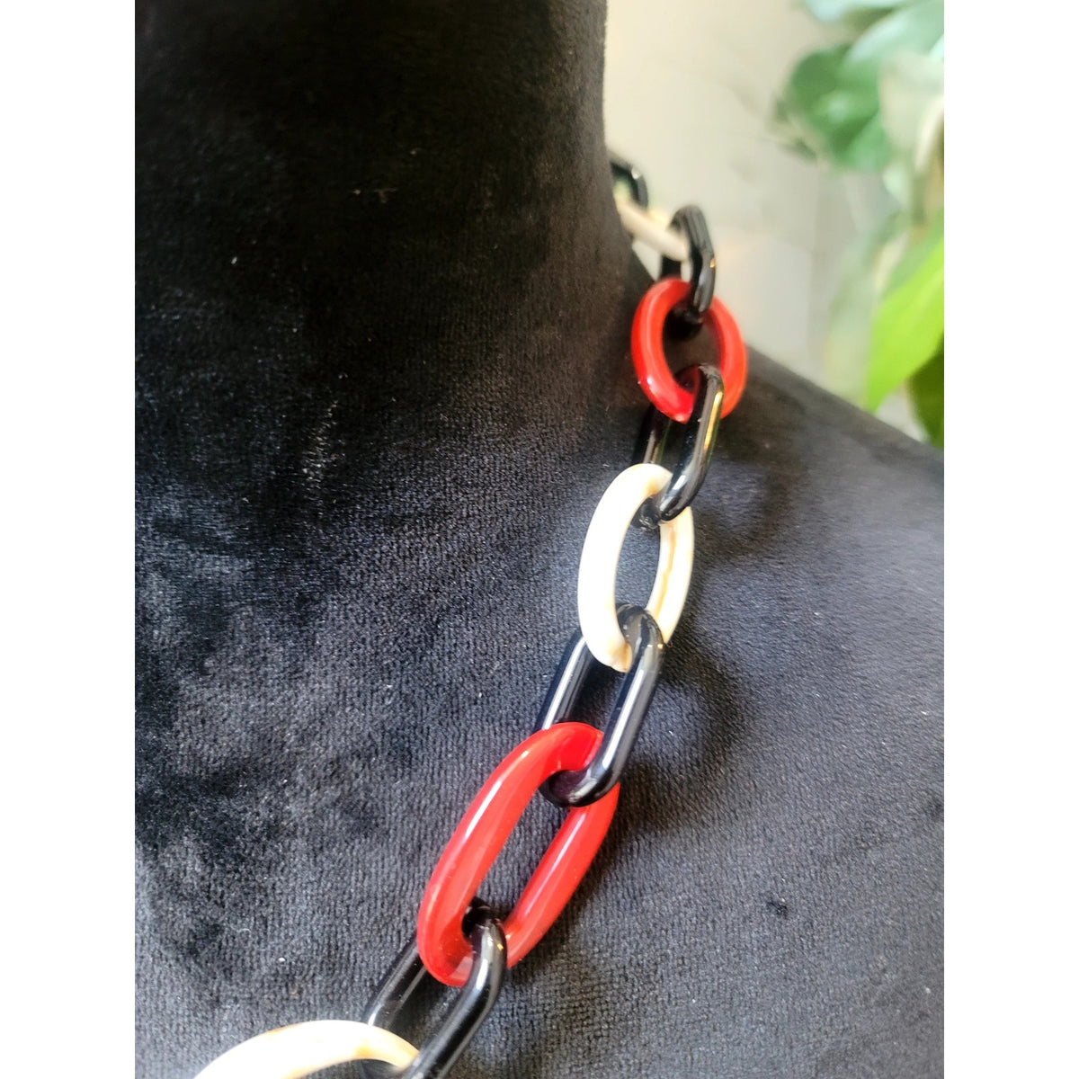 Chunky Resin Link Necklace & Hoop Earrings Set Red Black White Statement Boho
