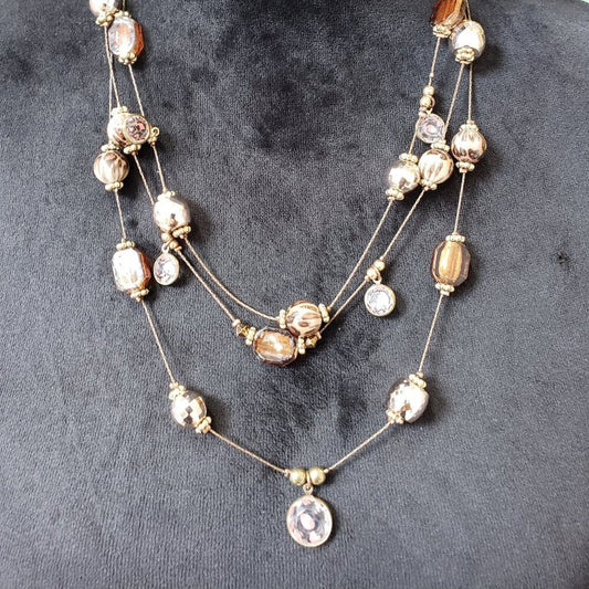 Women's Multi Faceted Floating Bead 3-Layer Collar Necklace with Lobster Clasp