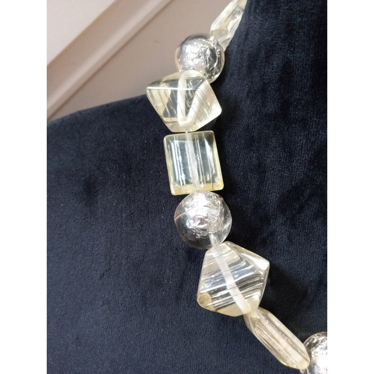 Clear Lucite Geometric Beaded Necklace Silver Tone Chunky Statement Necklace