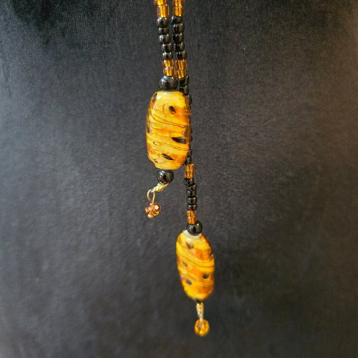 Womens Black Glass Seed & Baltic Amber Beads Adjustable Hallie Lariat Necklace