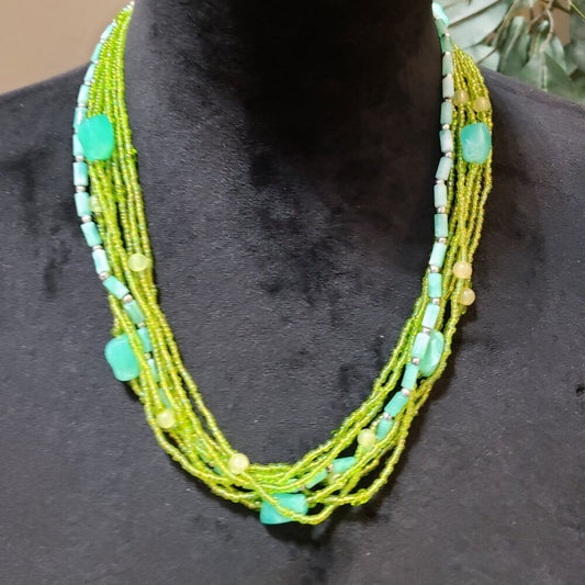 Womens Fashion Green and Blue Seed Beaded Necklace Jewelry with Lobster Clasp