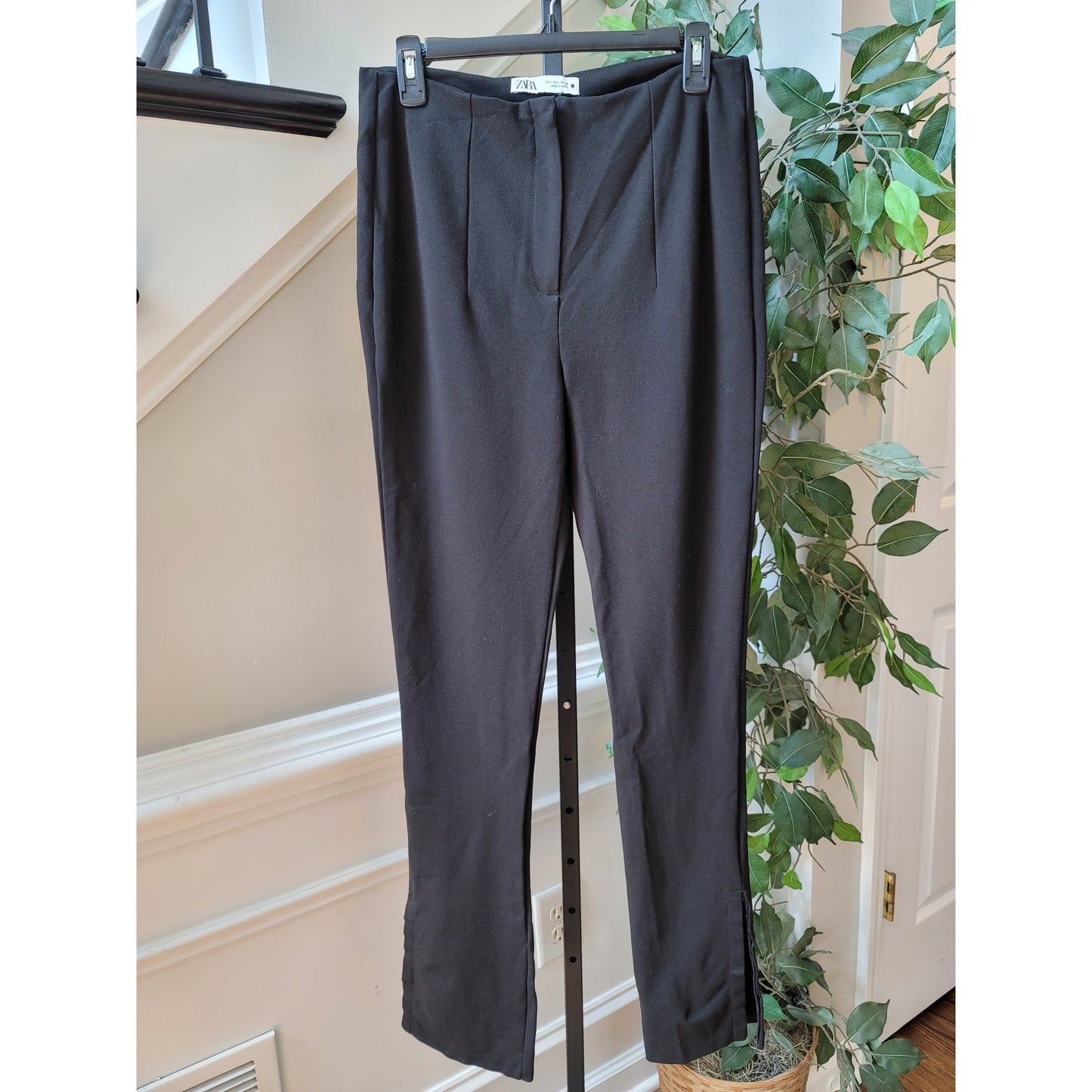 Zara Black Trousers Women's Size L Slim Fit Cotton Blend Work Office Pants