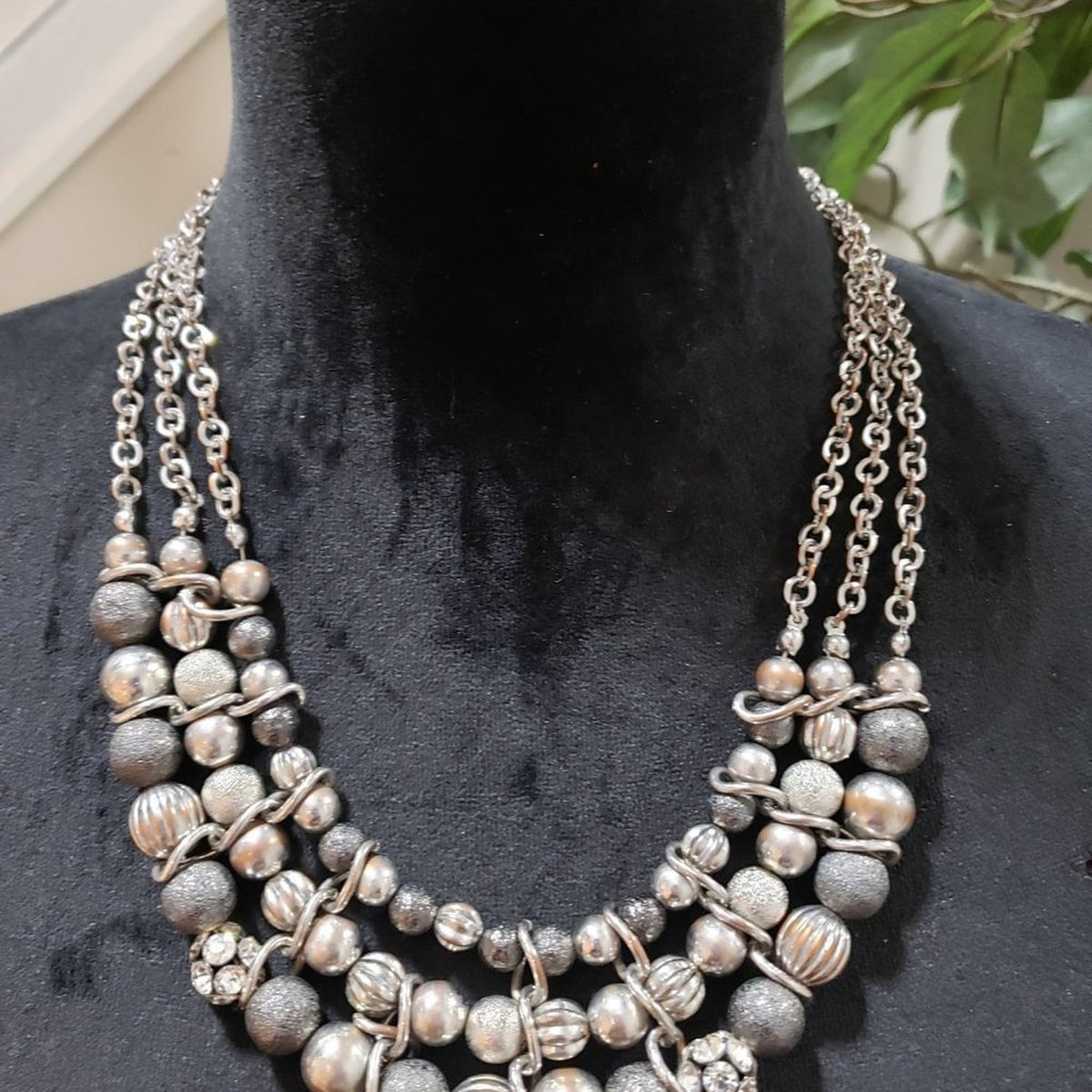 Womens Fashion Mixed Bead Silver Tone 3 Strand Statement Necklace Lobster Clasp