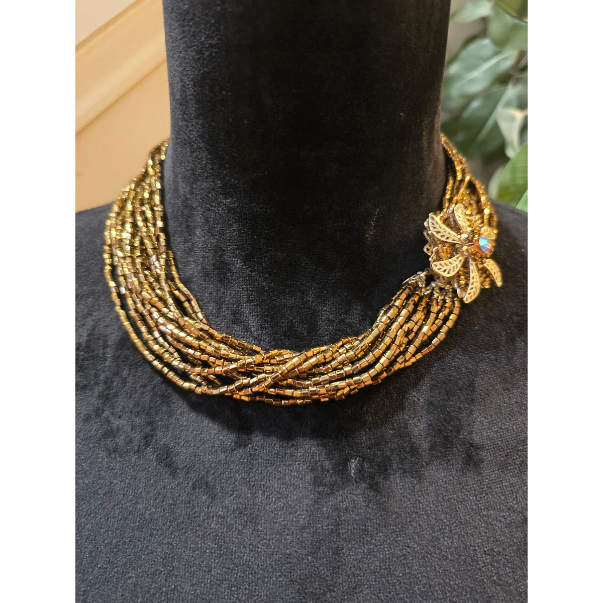 Women's Gold Tone Multi Strand Beaded Necklace Floral Rhinestone Magnet Accent
