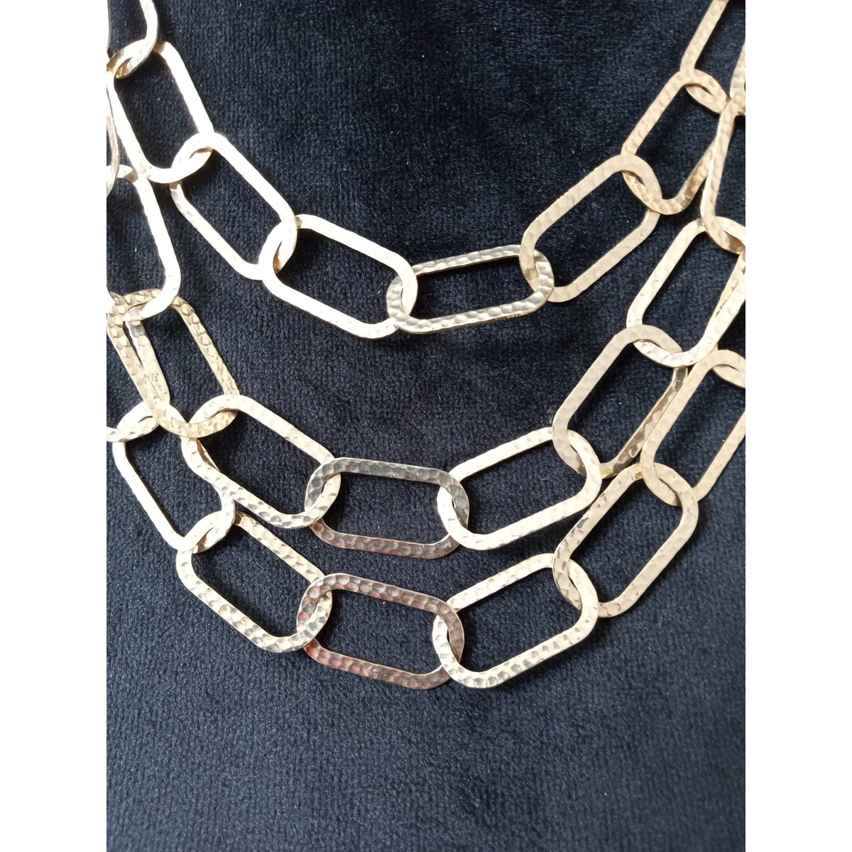 Gold Tone Triple Layer Hammered Link Chain Statement Lightweight Necklace Collar