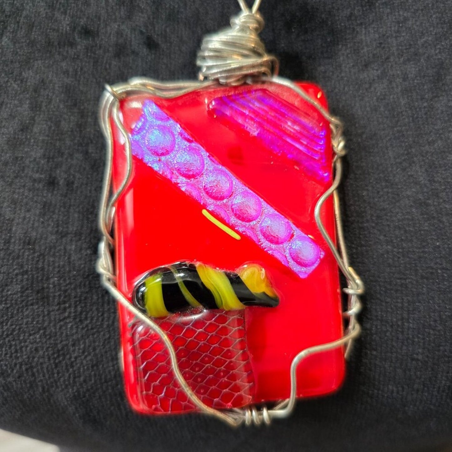 Womens Red Dichroic Dangling Square Pendant Necklace Jewelry with Lobster Clasp