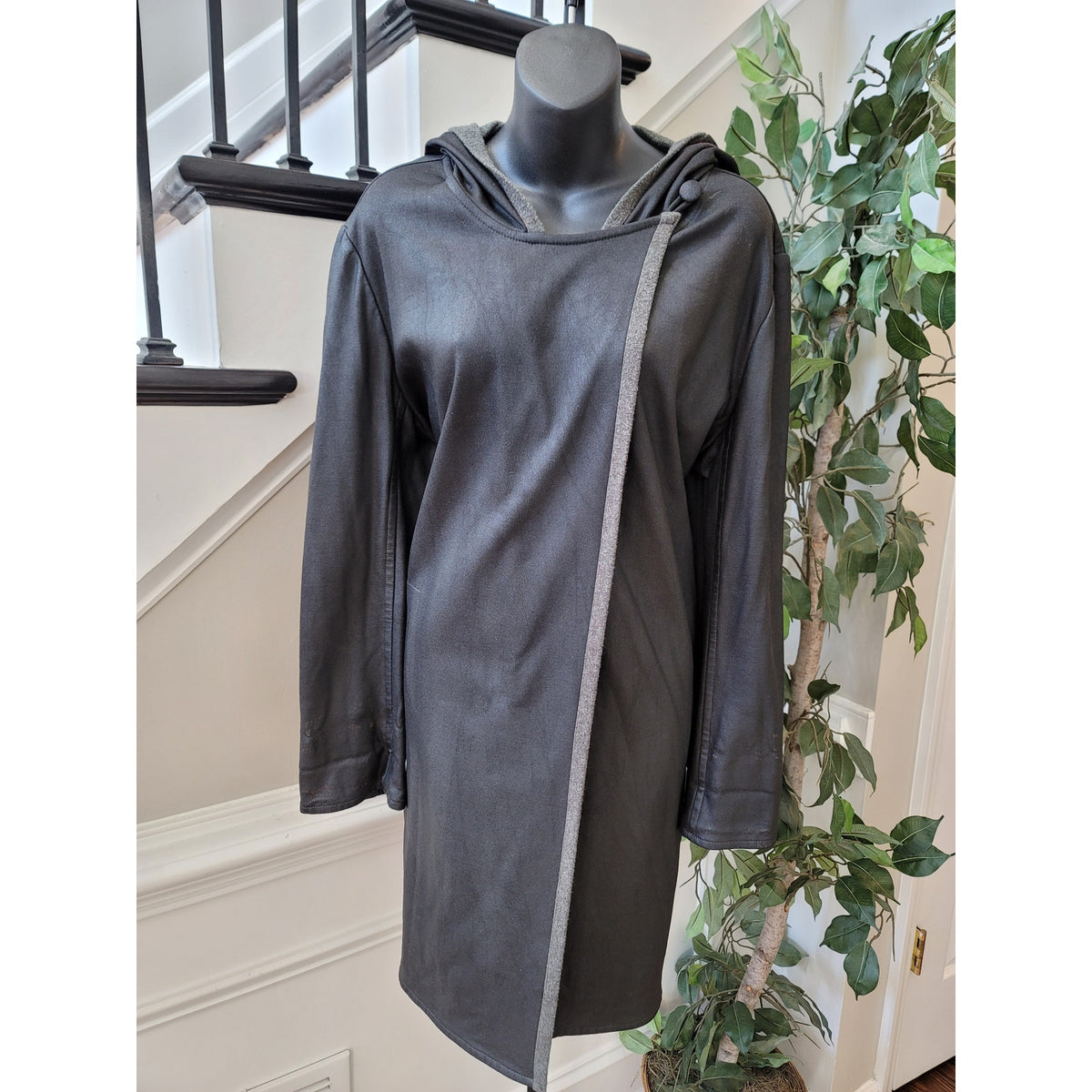 Yeohlee Wrap Coat Jacket Women Large Gray Asymmetrical Hooded Fleece Lined
