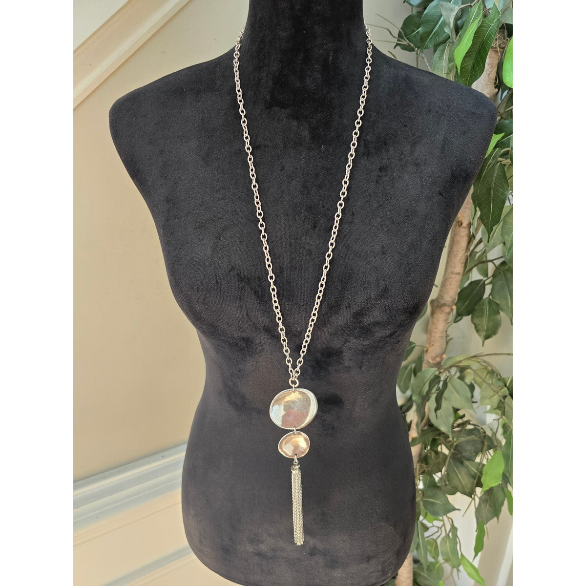 Long Silver Tone Double Disc Pendant Necklace Tassel Dangle
